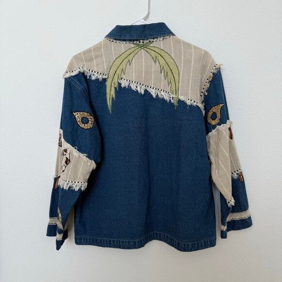 Vintage Giraffe Safari Patchwork Wood Button Denim Jacket Cotton Medium - Picture 3 of 6